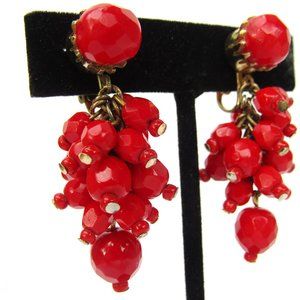 Vintage Red Glass Cha Cha Dangle Earrings Clip On